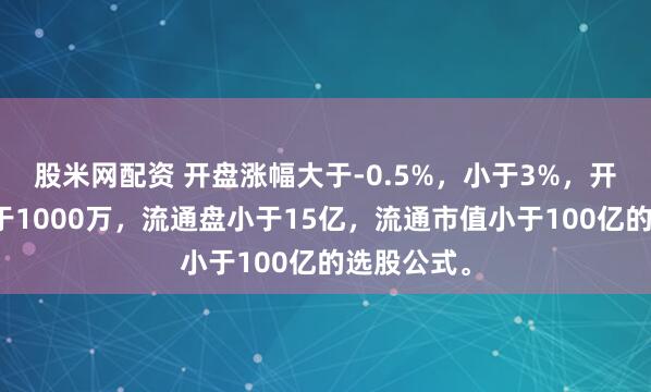 股米网配资 开盘涨幅大于-0.5%，小于3%，开盘金额大于1000万，流通盘小于15亿，流通市值小于100亿的选股公式。